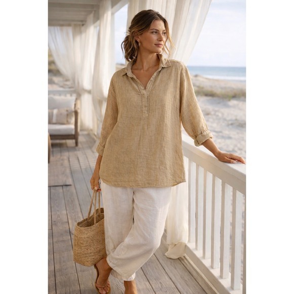 Sundance Tops - Sundance Roaming Free golden‎ biege Linen LS Blouse Medium V Neck Resort Wear